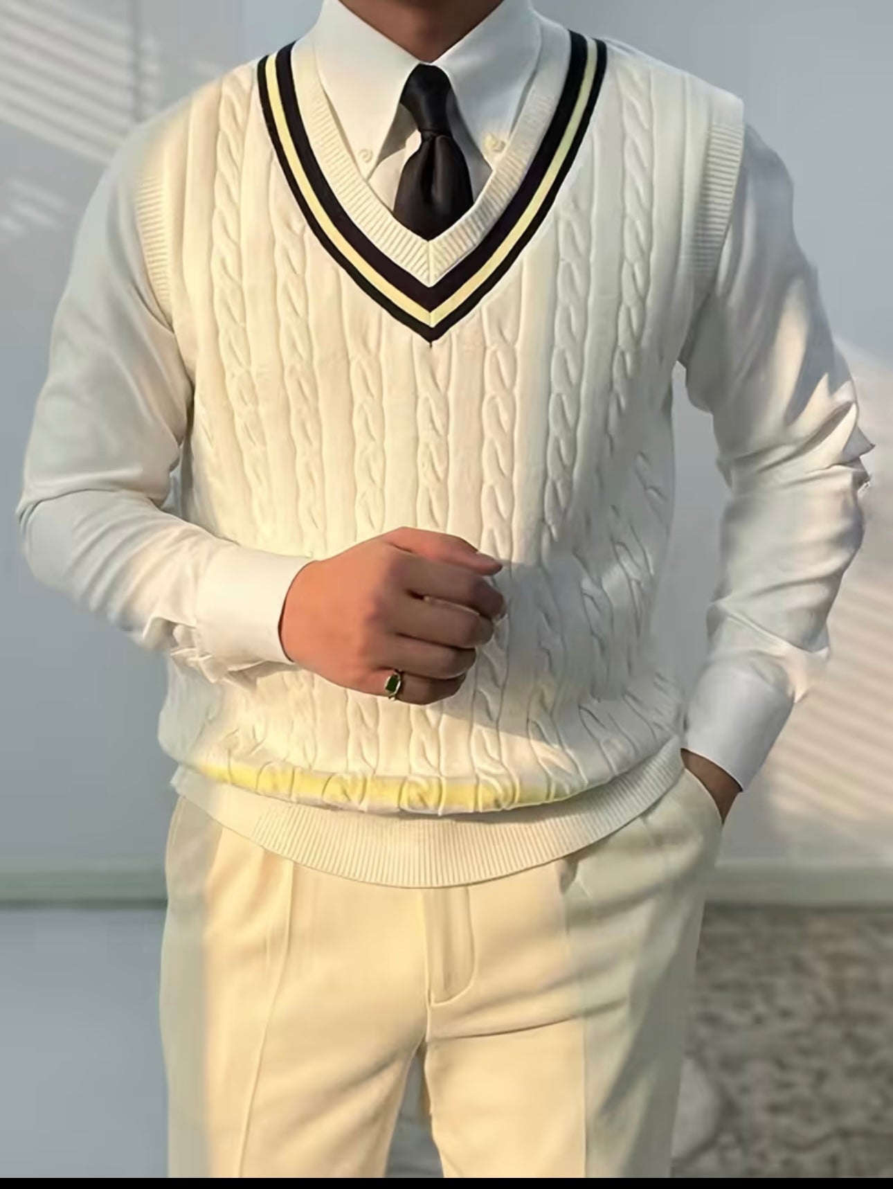 White V Neck Cable Knit Old Money English Style Sweater Vest